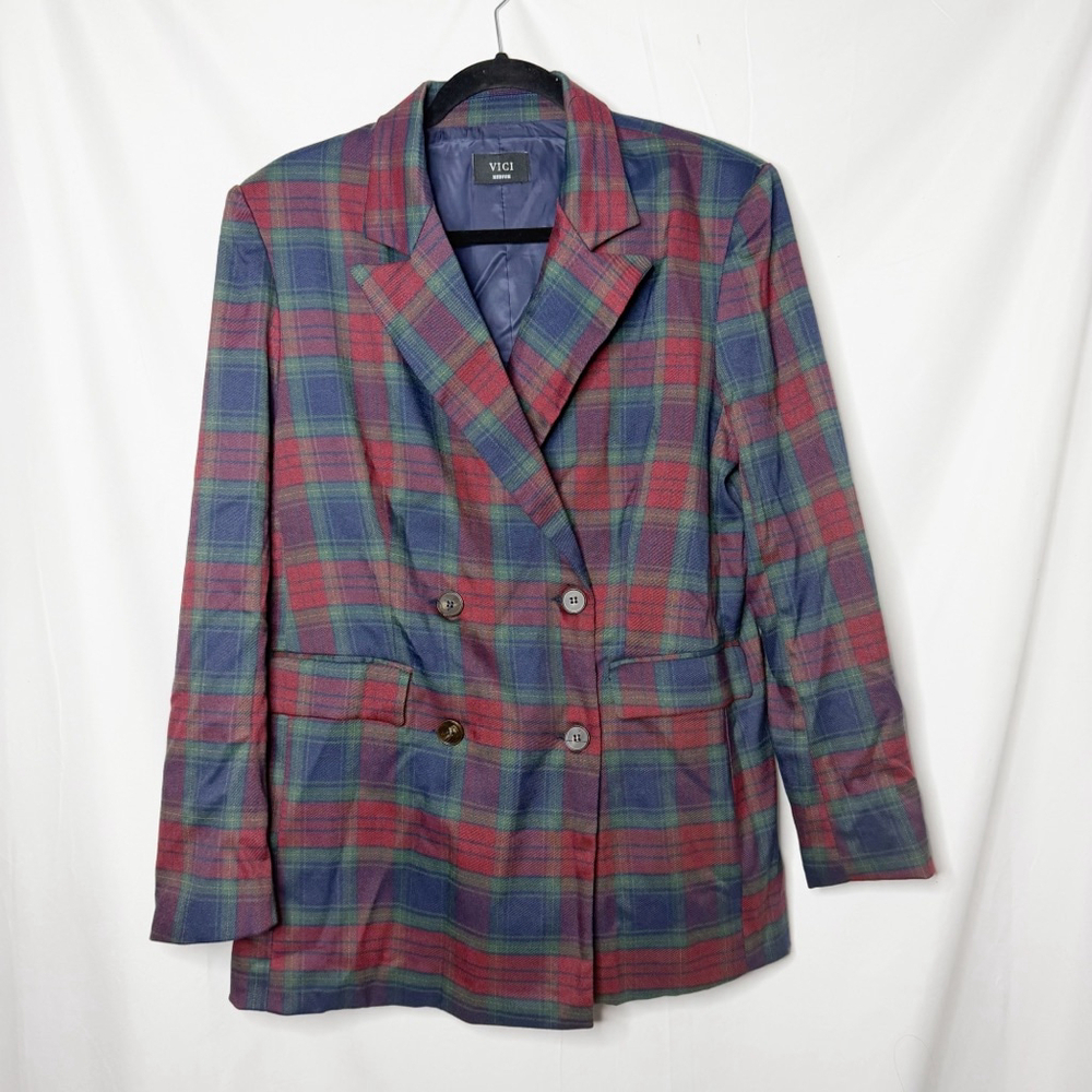 Women's VICI Plaid Double-Breasted Jettie Blazer M Blue Red - Picture 3 of 6